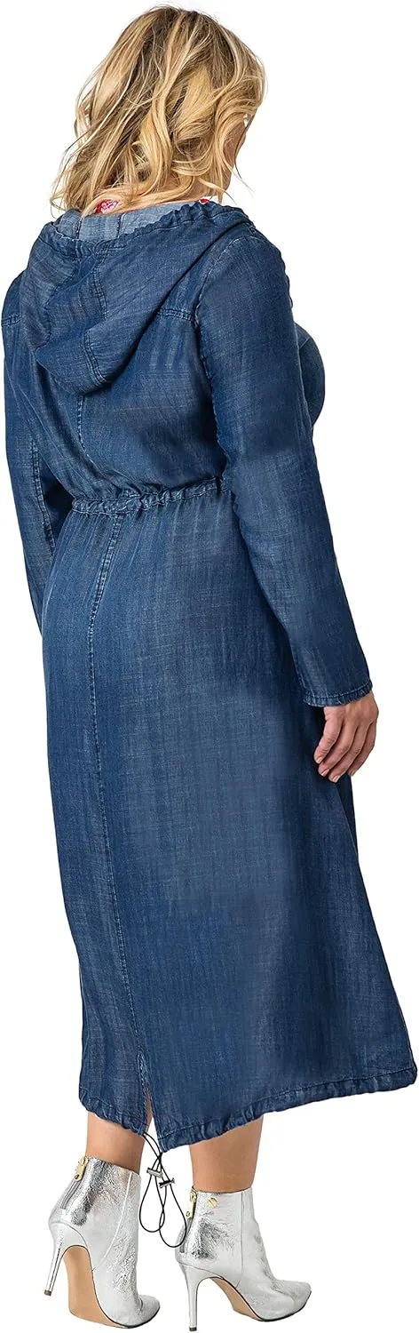 Standards & Practices Women's Plus Size Denim Tencel Long Duster Hoodie Dress Coat Long Anorak Jacket