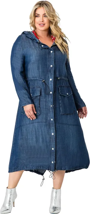 Standards & Practices Women's Plus Size Denim Tencel Long Duster Hoodie Dress Coat Long Anorak Jacket