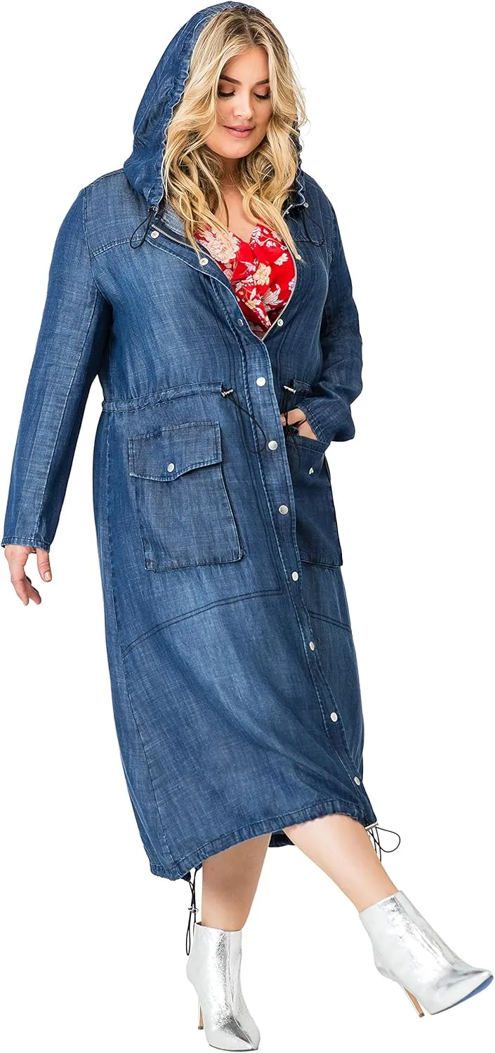Standards & Practices Women's Plus Size Denim Tencel Long Duster Hoodie Dress Coat Long Anorak Jacket