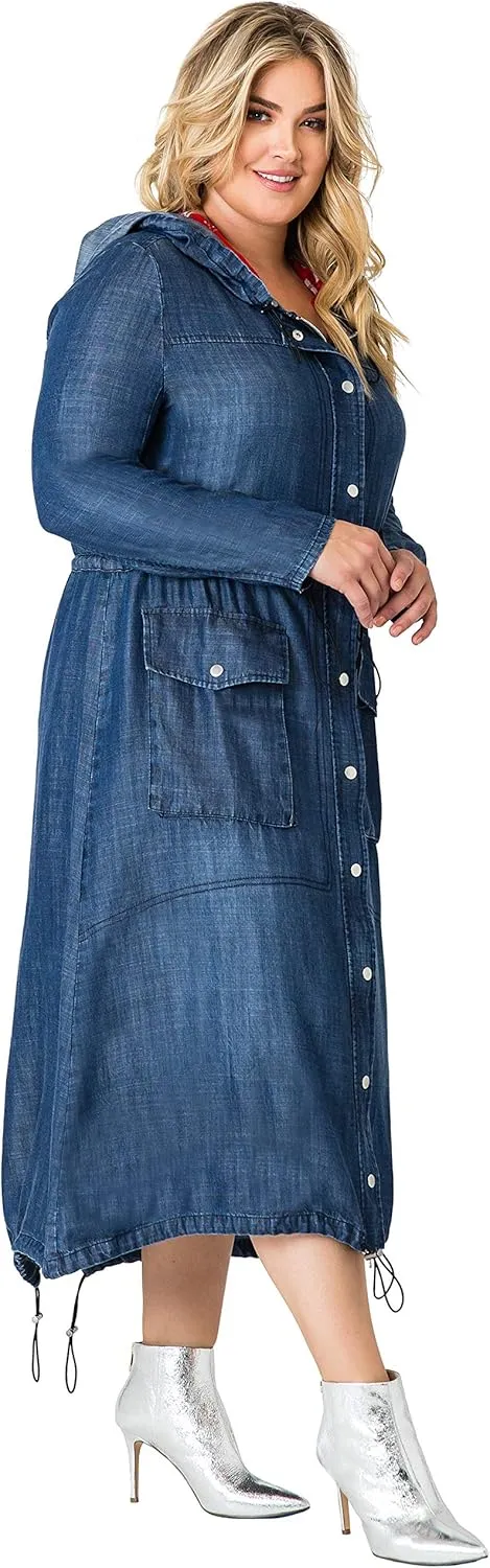 Standards & Practices Women's Plus Size Denim Tencel Long Duster Hoodie Dress Coat Long Anorak Jacket