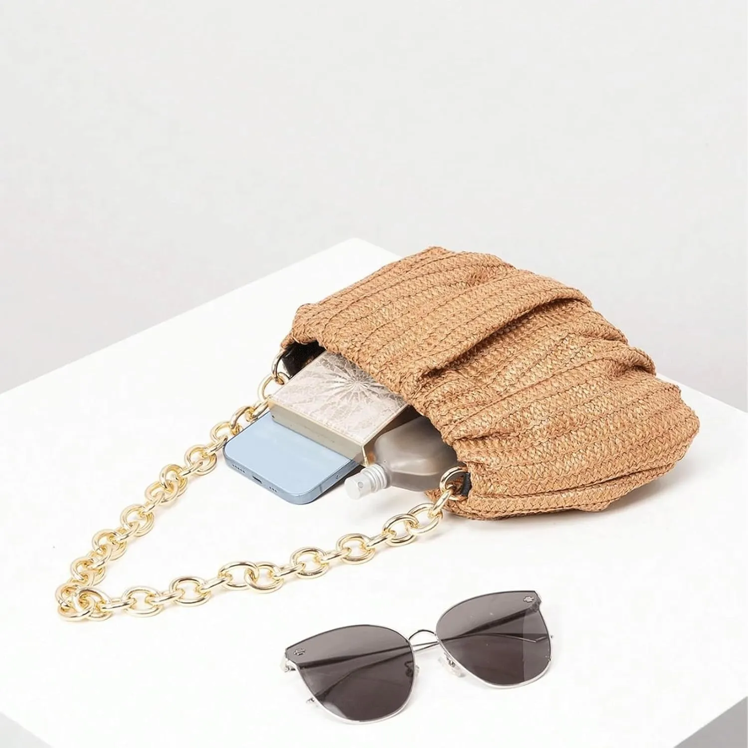 Straw Beach Bag Women Boho Bow Purse Small Summer Purse Soft Shoulder Bag Trendy Everyday Vacation Bag