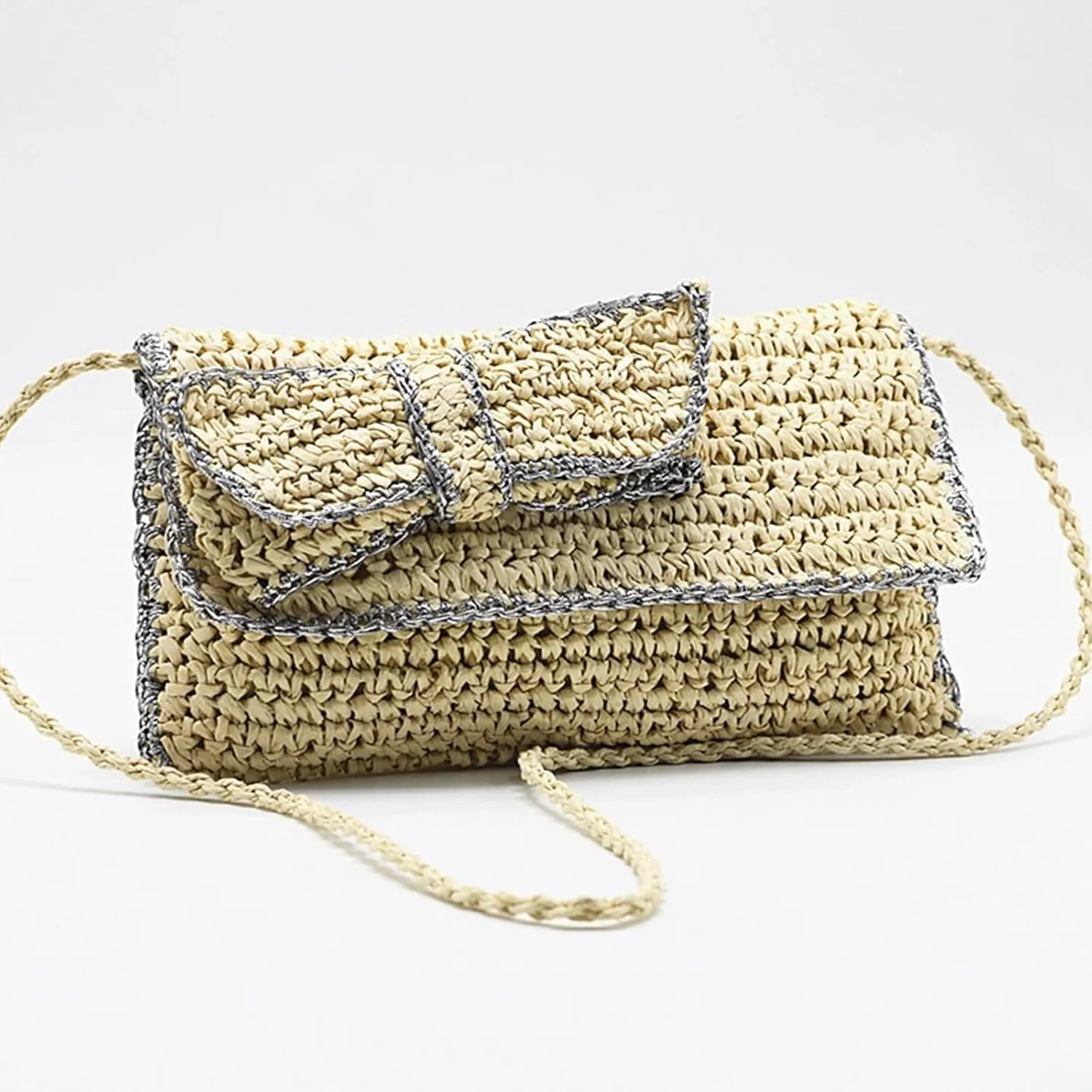 Straw Beach Bag Women Boho Bow Purse Small Summer Purse Soft Shoulder Bag Trendy Everyday Vacation Bag