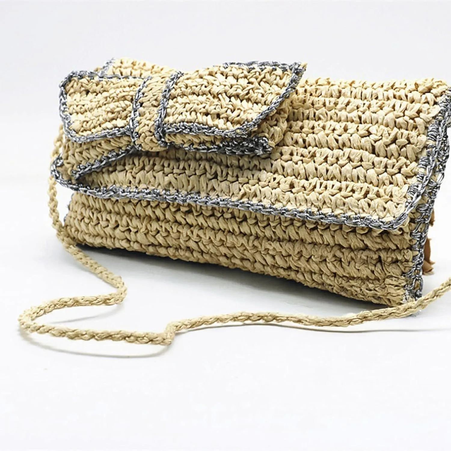 Straw Beach Bag Women Boho Bow Purse Small Summer Purse Soft Shoulder Bag Trendy Everyday Vacation Bag