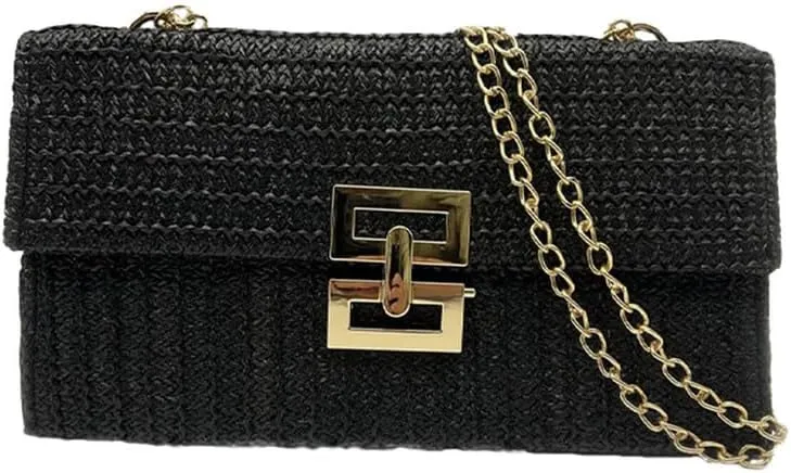 Straw Clutch Purse for Women Designer Evening Handbag Summer Beach Shoulder Purse with Chain Woven Shoulder Handbag