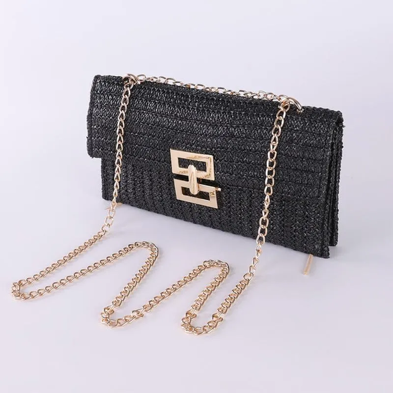 Straw Clutch Purse for Women Designer Evening Handbag Summer Beach Shoulder Purse with Chain Woven Shoulder Handbag