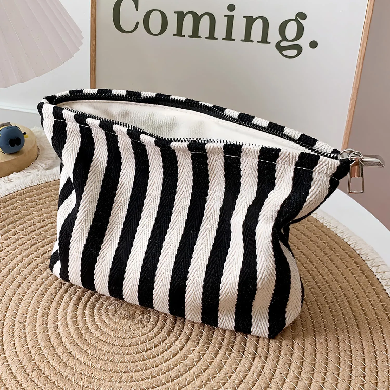 Striped Canvas Travel Makeup Bag - High Capacity Toiletry Pouch With Zipper Closure