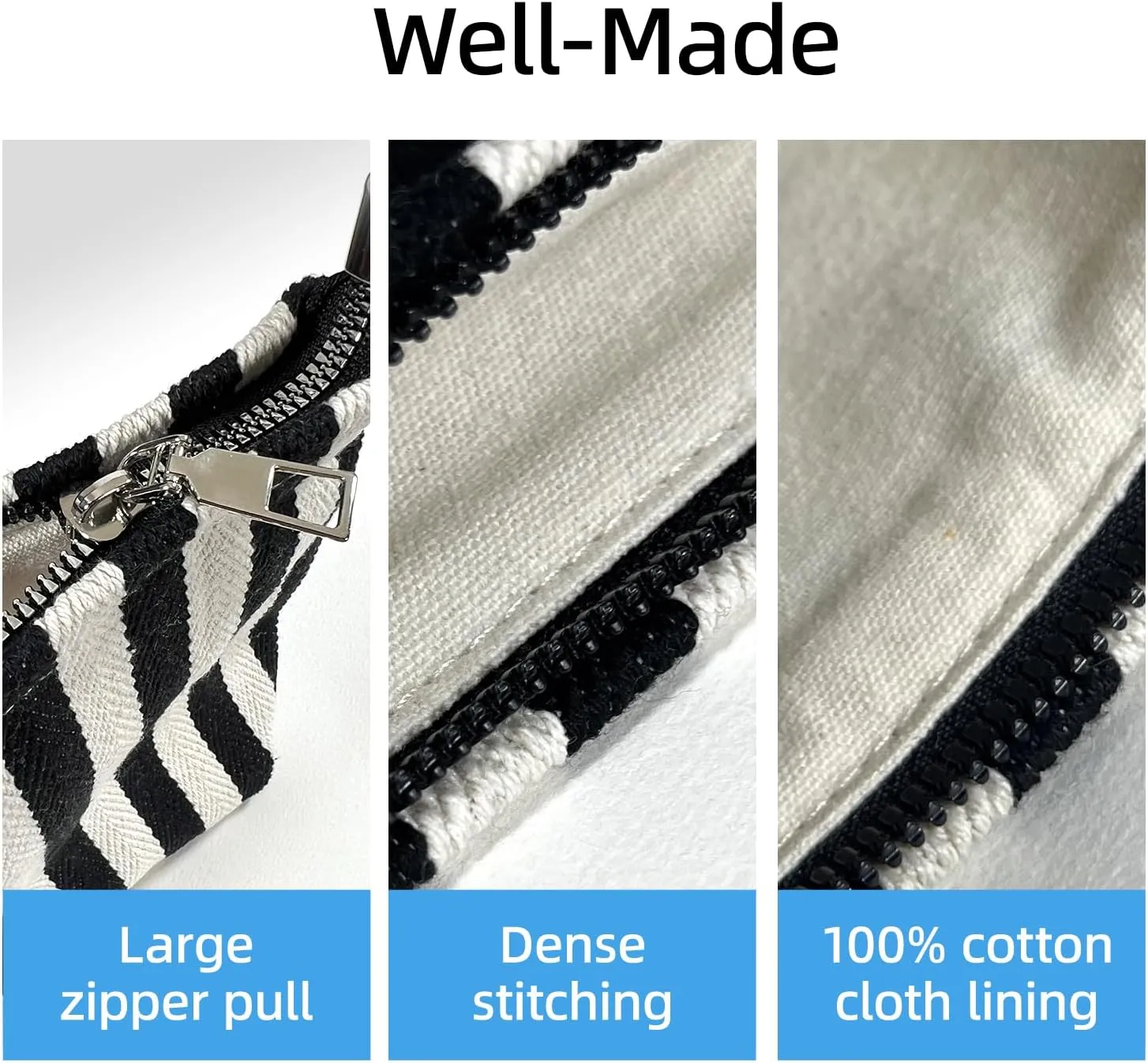 Striped Canvas Travel Makeup Bag - High Capacity Toiletry Pouch With Zipper Closure