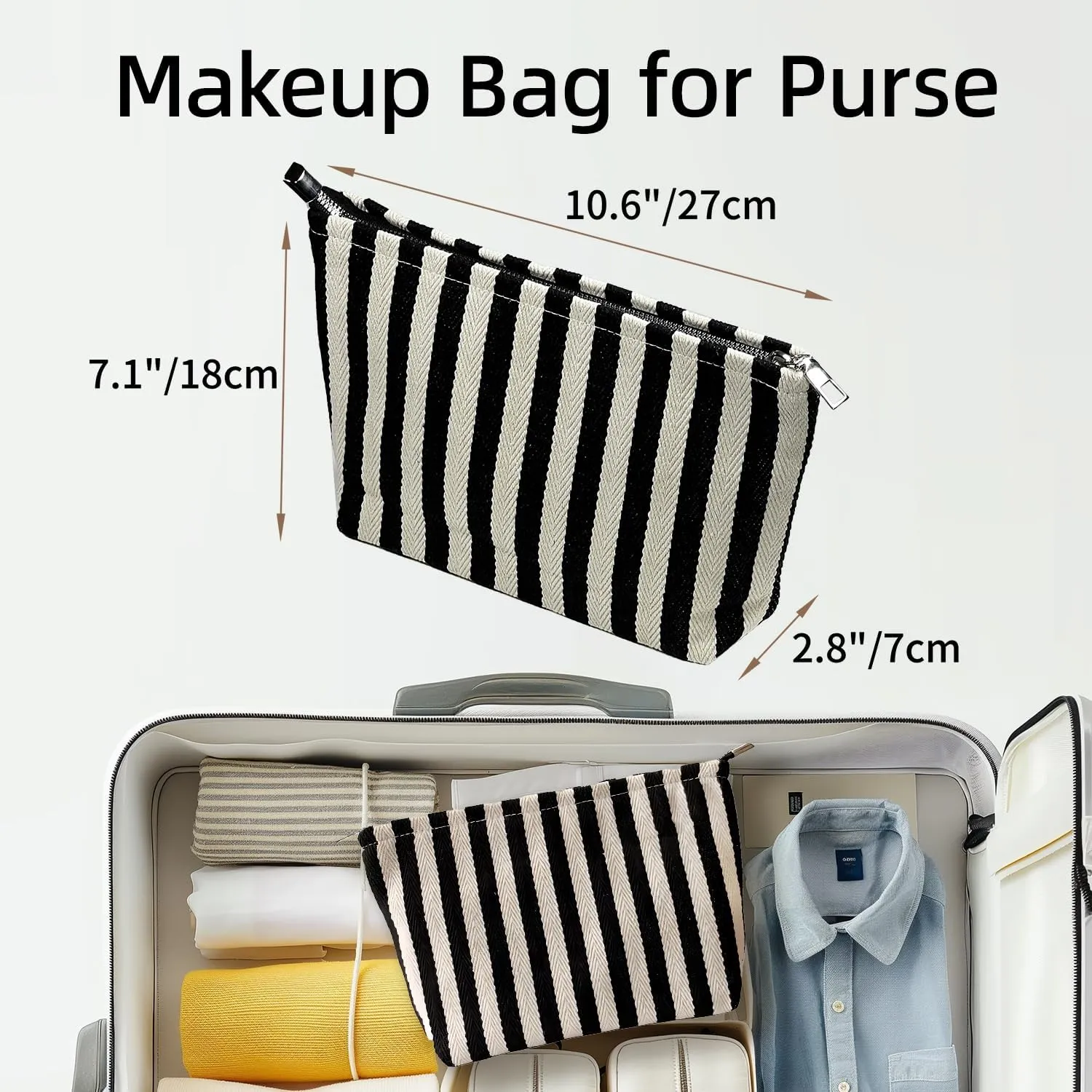 Striped Canvas Travel Makeup Bag - High Capacity Toiletry Pouch With Zipper Closure