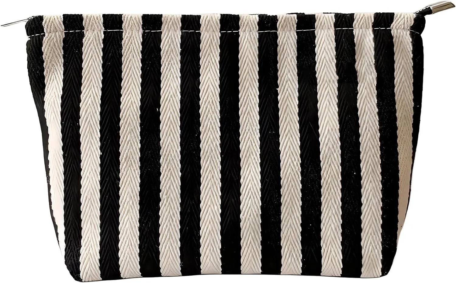 Striped Canvas Travel Makeup Bag - High Capacity Toiletry Pouch With Zipper Closure