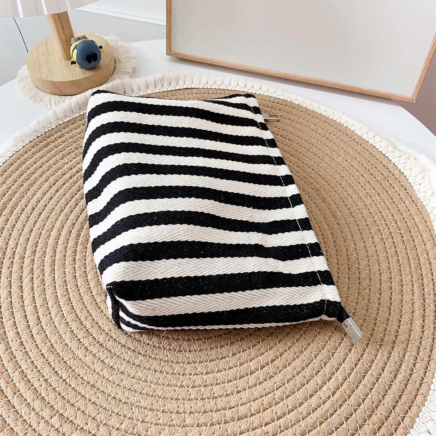 Striped Canvas Travel Makeup Bag - High Capacity Toiletry Pouch With Zipper Closure