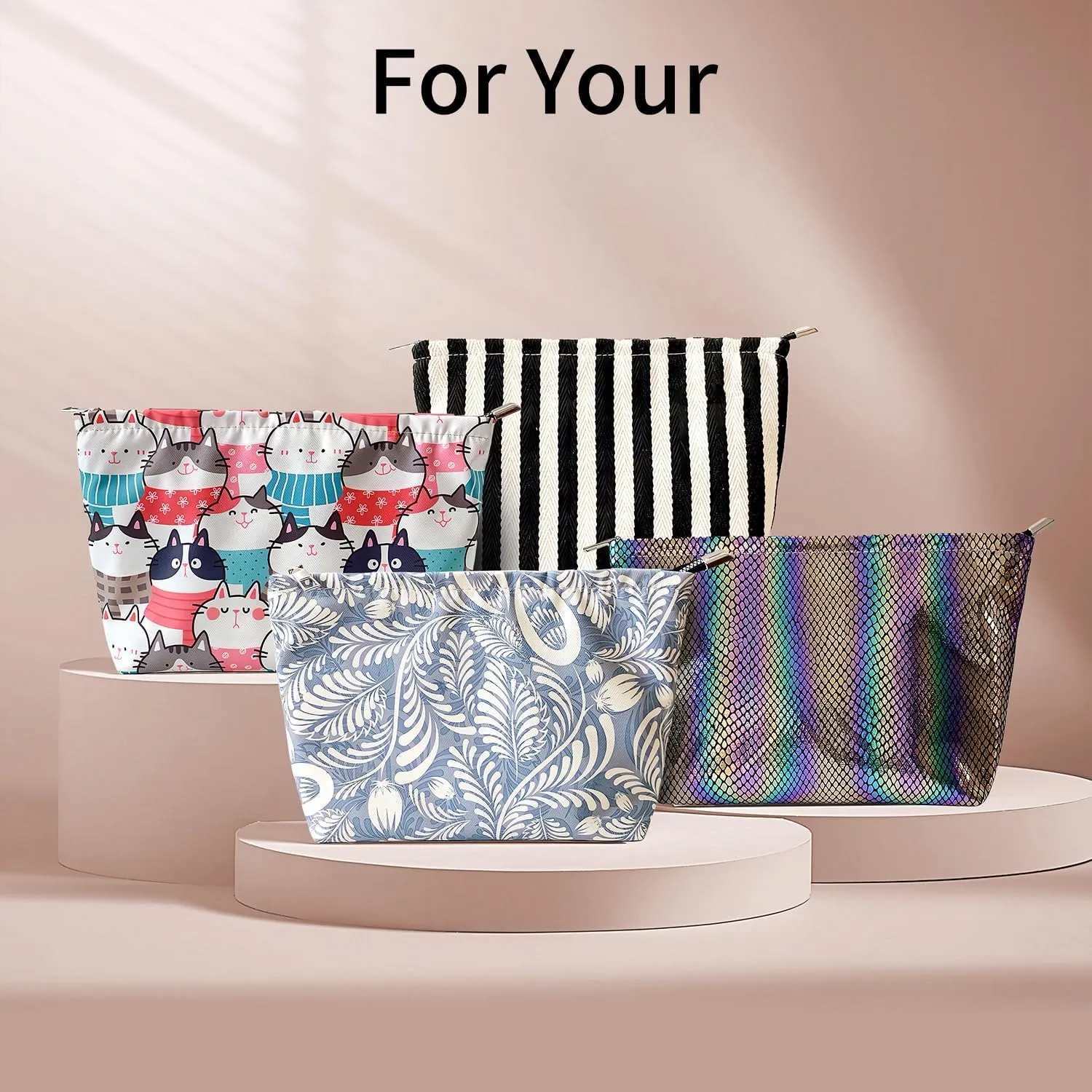 Striped Canvas Travel Makeup Bag - High Capacity Toiletry Pouch With Zipper Closure