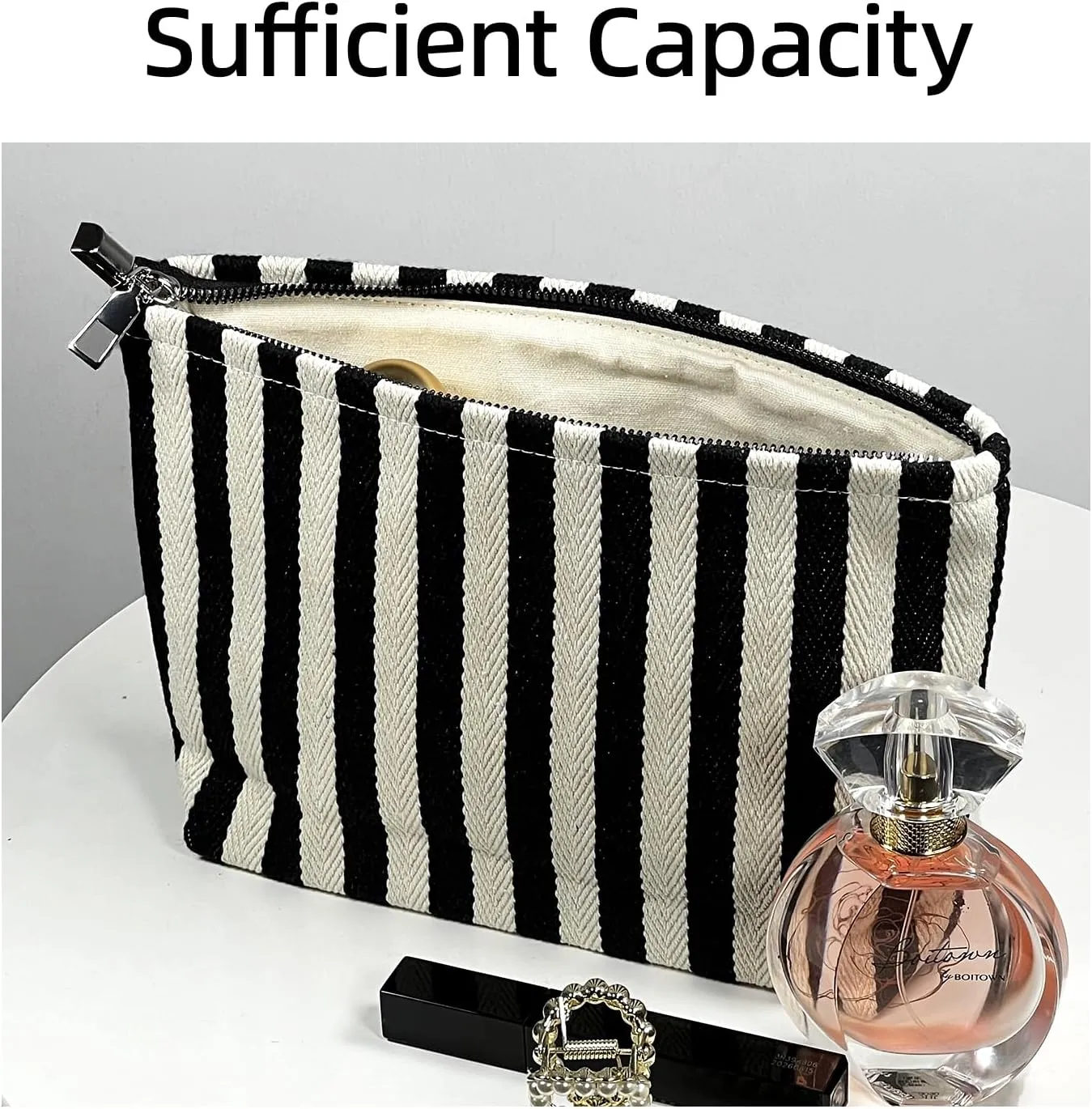 Striped Canvas Travel Makeup Bag - High Capacity Toiletry Pouch With Zipper Closure
