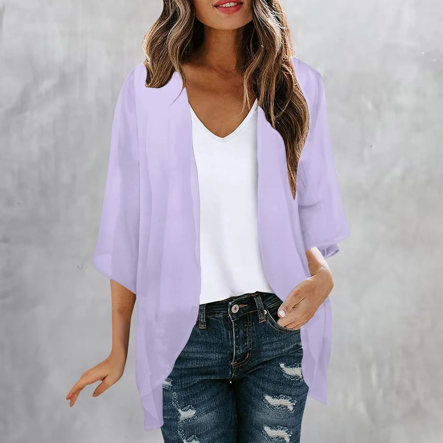 Summer Cardigans Tops for Women Lightweight Chiffon Blouses Trendy 3/4 Sleeve Floral Cardigan Beach Cover Ups 2025