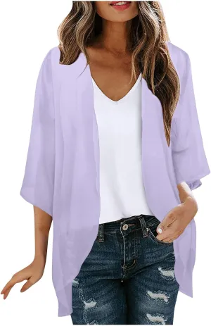 Summer Cardigans Tops for Women Lightweight Chiffon Blouses Trendy 3/4 Sleeve Floral Cardigan Beach Cover Ups 2025