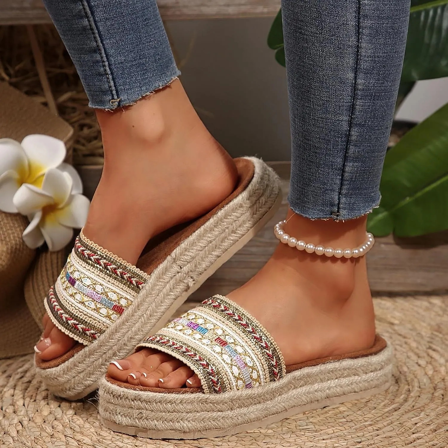 Summer Sandals for Women 2025 Trendy New Womens Platform Sandals Comfortable Slip On Shoes Dressy Wedge Sandals Casual Espadrilles Slip On Slippers Boho Beach Slides Shoes for Vacation Party