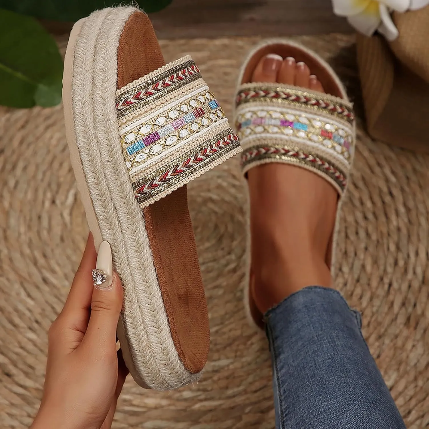 Summer Sandals for Women 2025 Trendy New Womens Platform Sandals Comfortable Slip On Shoes Dressy Wedge Sandals Casual Espadrilles Slip On Slippers Boho Beach Slides Shoes for Vacation Party