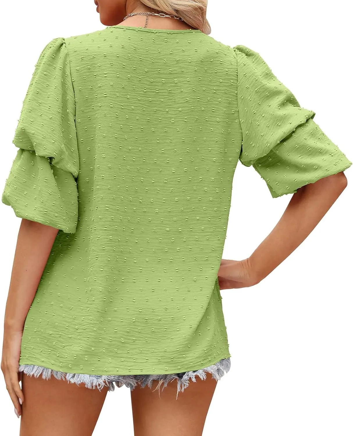 Summer Solid Color Tops Womens Chiffon Tunic V Neck Shirt Long Sleeve Tees Casual Polka Dot Blouse