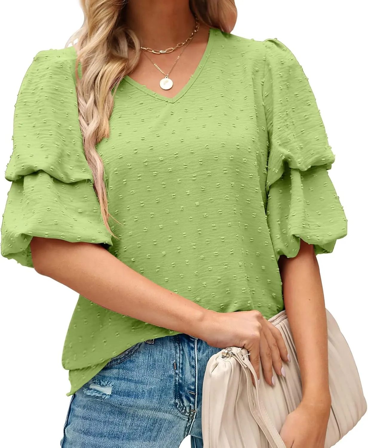 Summer Solid Color Tops Womens Chiffon Tunic V Neck Shirt Long Sleeve Tees Casual Polka Dot Blouse