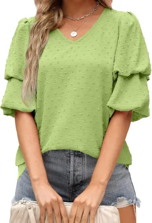 Summer Solid Color Tops Womens Chiffon Tunic V Neck Shirt Long Sleeve Tees Casual Polka Dot Blouse