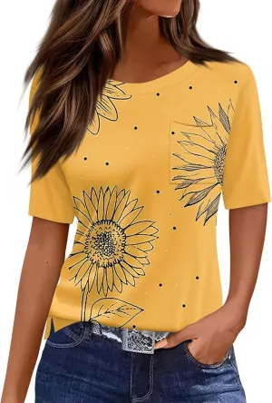 Summer Tops for Women 2025 Vacation Trendy Round Neck Boho Short Sleeve Shirts Casual Loose Comfy Blouses with Pocket