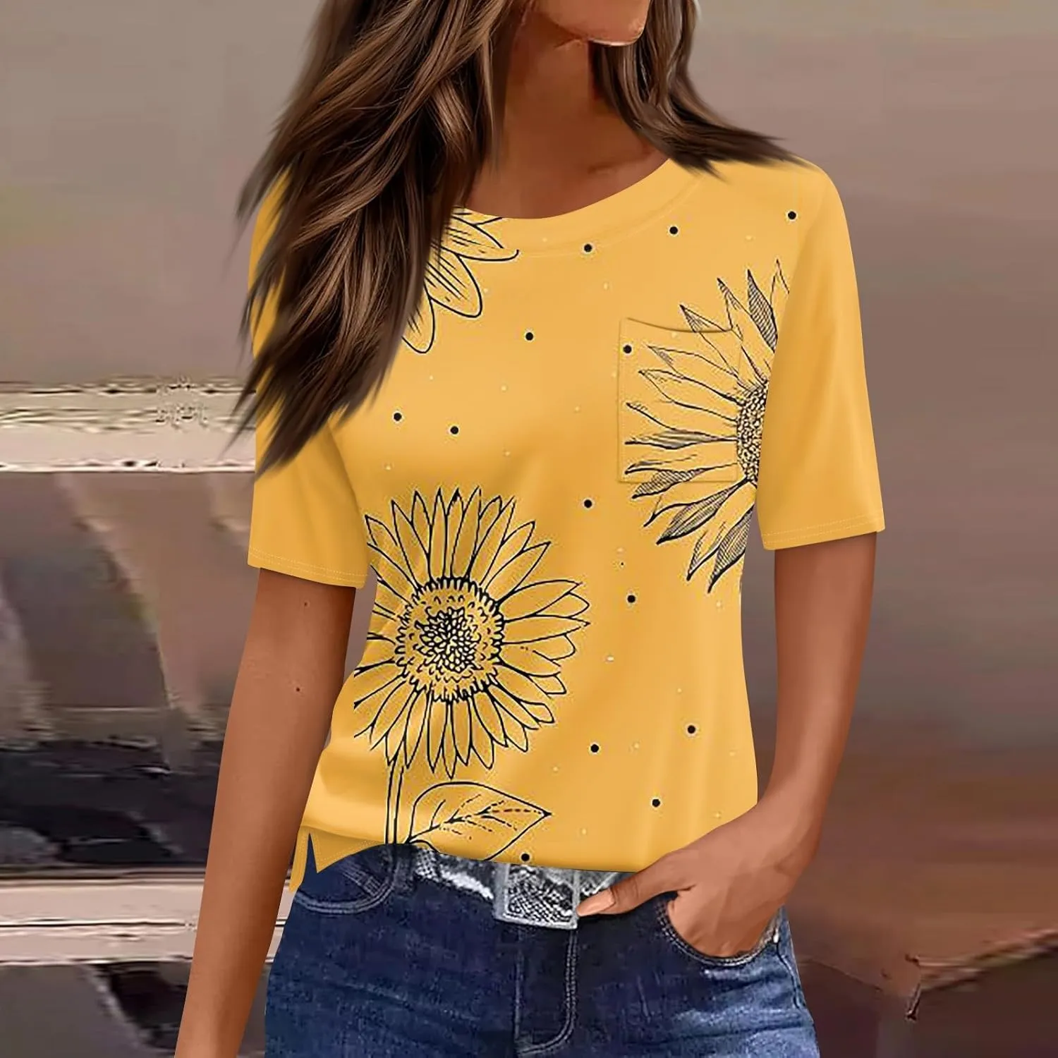 Summer Tops for Women 2025 Vacation Trendy Round Neck Boho Short Sleeve Shirts Casual Loose Comfy Blouses with Pocket