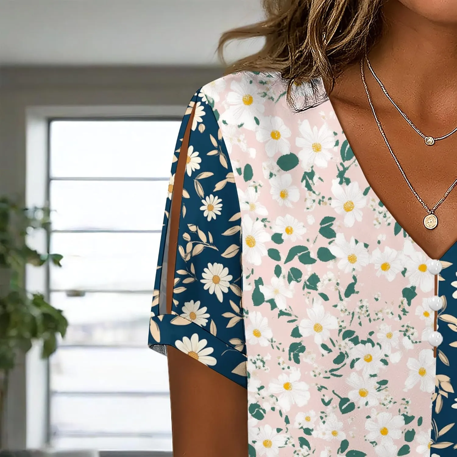Summer Tops for Women Casual V Neck Short Sleeve Shirts Boho Floral Printed Cold Shoulder Cotton Blend T-Shirts
