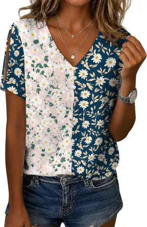 Summer Tops for Women Casual V Neck Short Sleeve Shirts Boho Floral Printed Cold Shoulder Cotton Blend T-Shirts