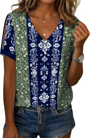 Summer Tops for Women Casual V Neck Short Sleeve Shirts Boho Floral Printed Cold Shoulder Cotton Blend T-Shirts