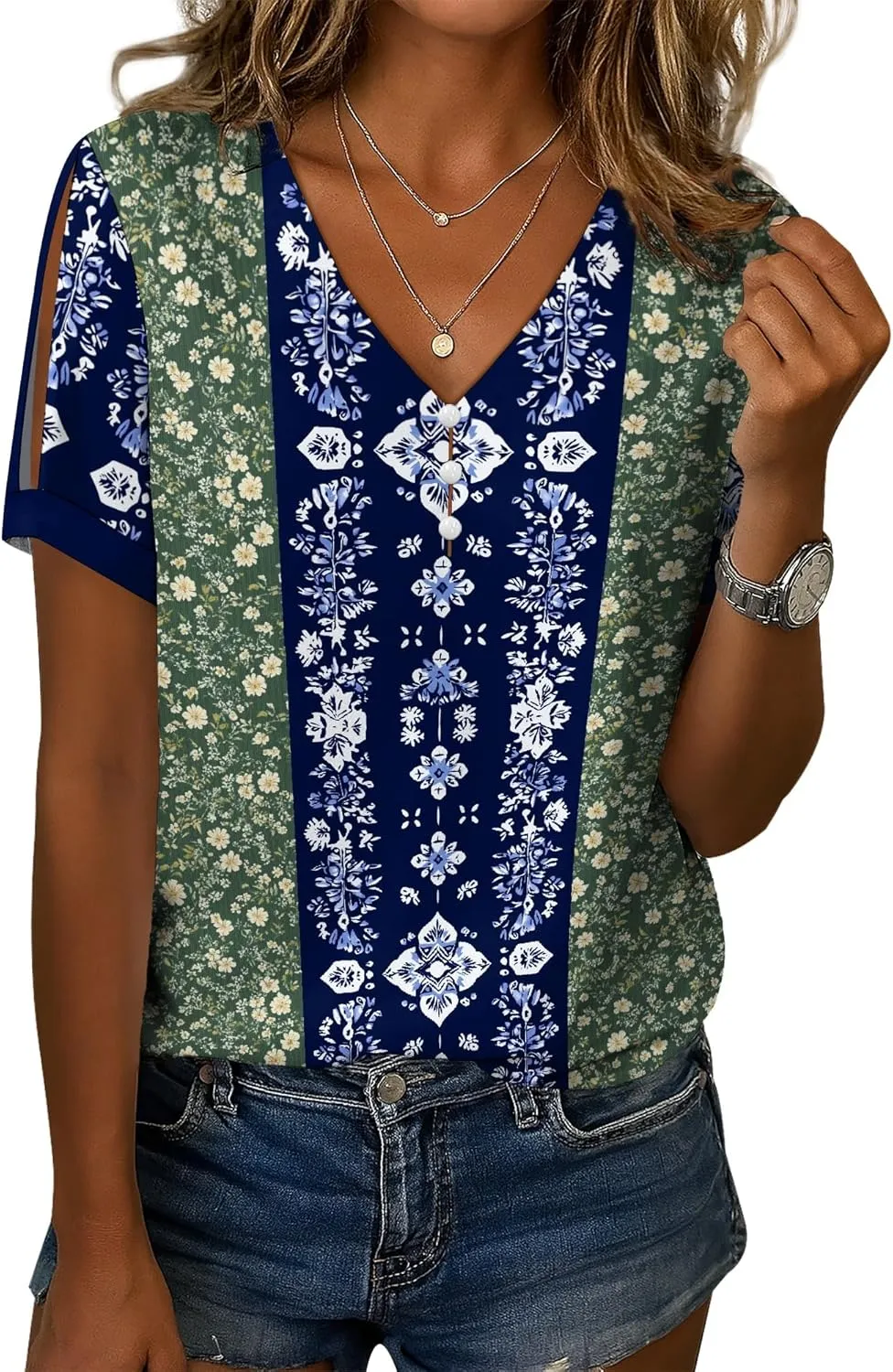 Summer Tops for Women Casual V Neck Short Sleeve Shirts Boho Floral Printed Cold Shoulder Cotton Blend T-Shirts