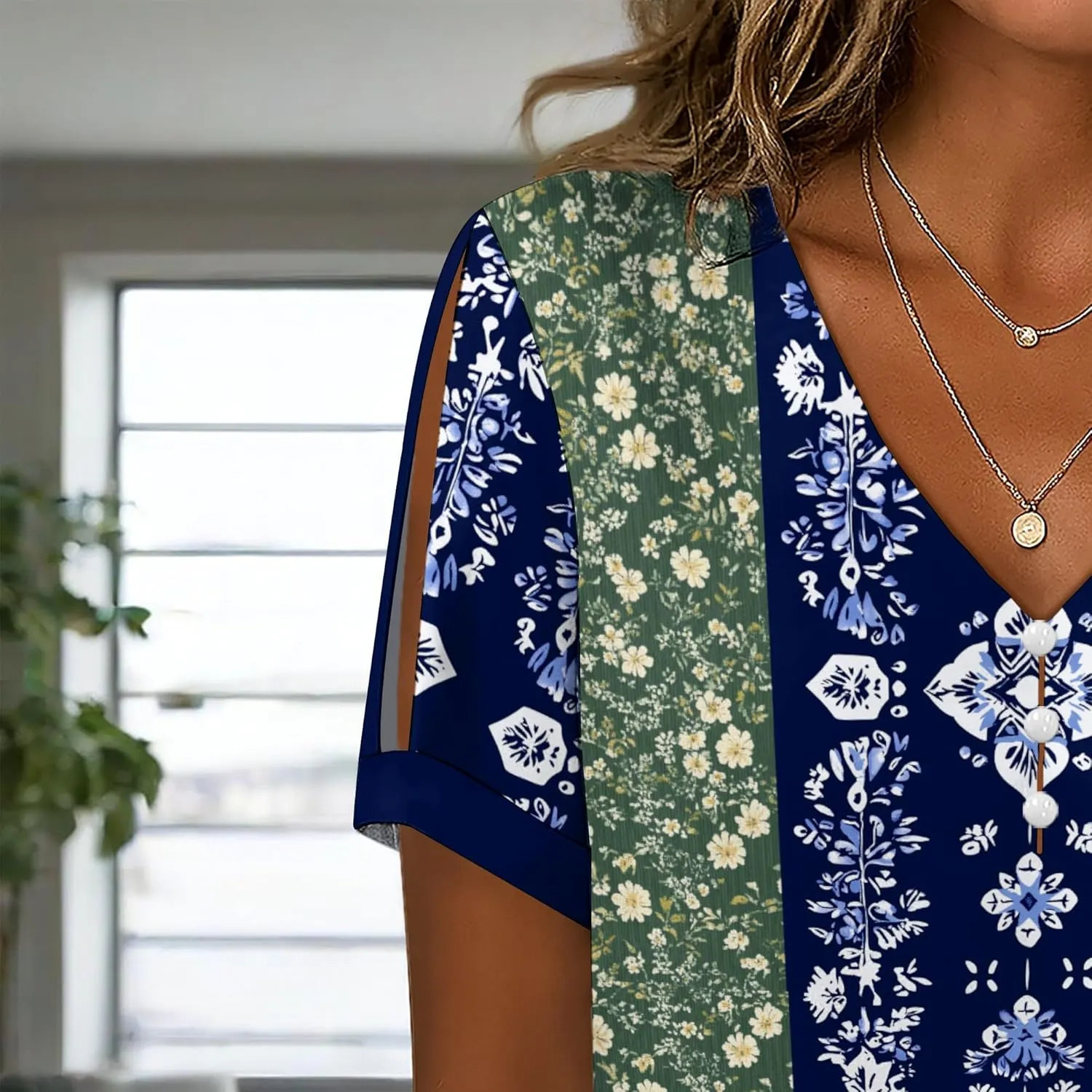 Summer Tops for Women Casual V Neck Short Sleeve Shirts Boho Floral Printed Cold Shoulder Cotton Blend T-Shirts