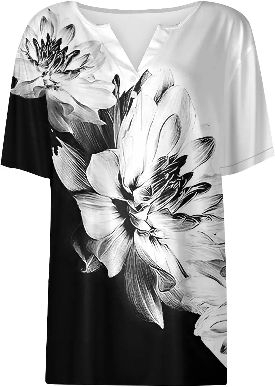 Summer Tops for Women Vacation Trendy V Neck 2024 Casual Short Sleeve Shirts Loose Comfy Tunic Clothes