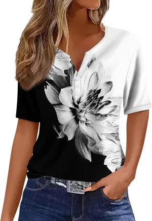 Summer Tops for Women Vacation Trendy V Neck 2024 Casual Short Sleeve Shirts Loose Comfy Tunic Clothes