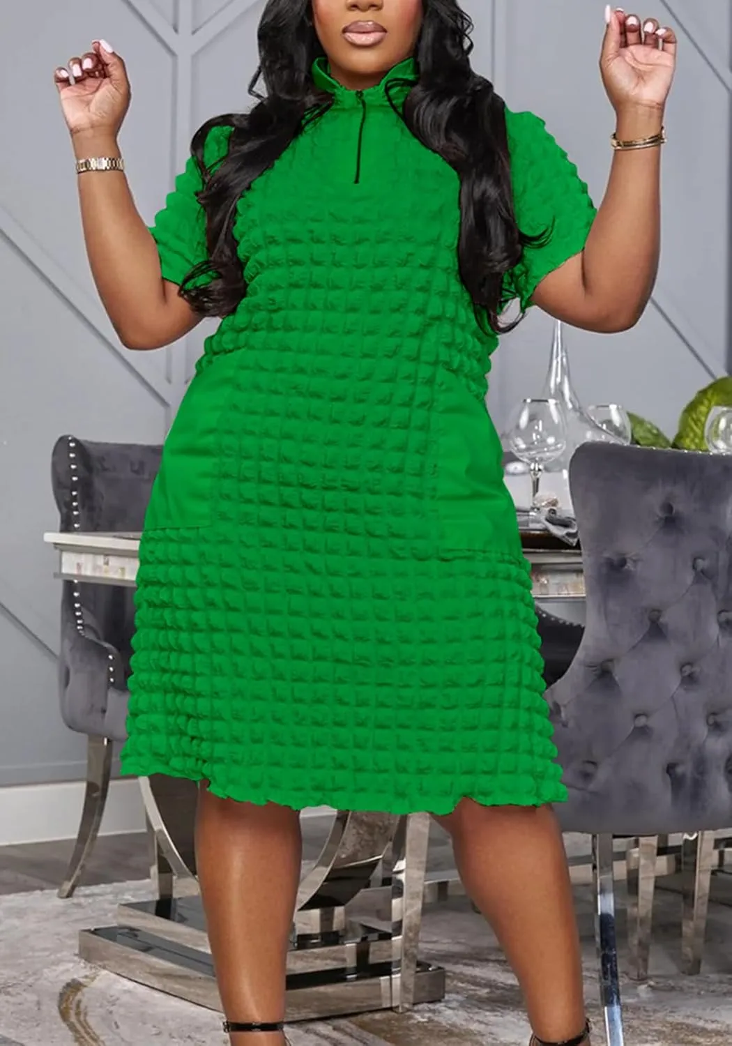 Summer Women Midi Dresses Sexy Plus Size Short Sleeve Half Zipper A-Line Dress Streetwear 2025