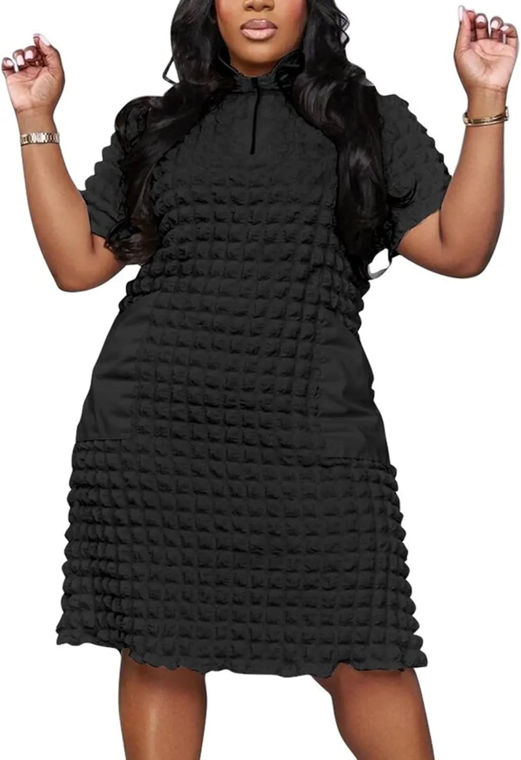 Summer Women Midi Dresses Sexy Plus Size Short Sleeve Half Zipper A-Line Dress Streetwear 2025
