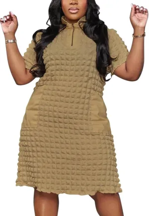 Summer Women Midi Dresses Sexy Plus Size Short Sleeve Half Zipper A-Line Dress Streetwear 2025