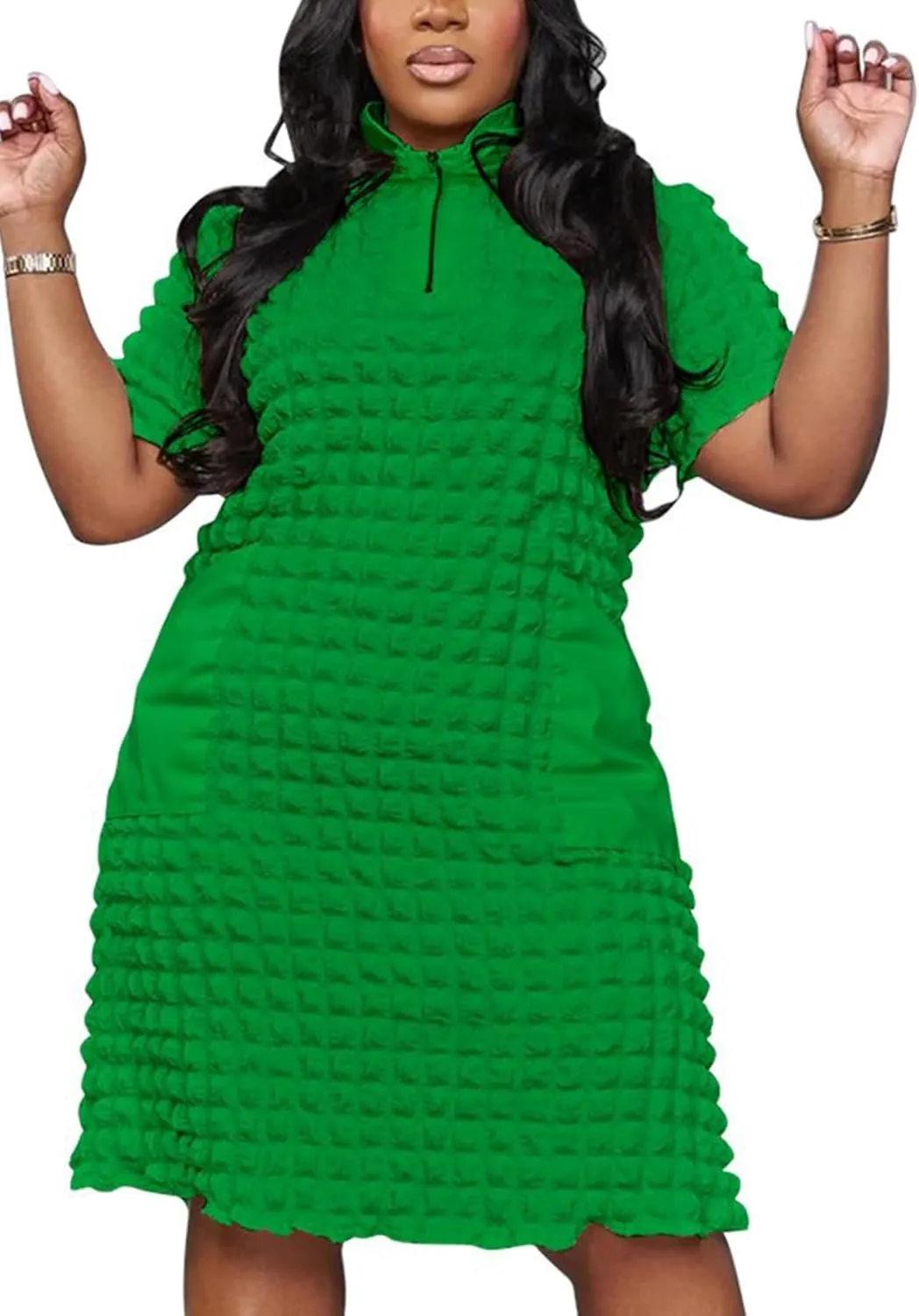 Summer Women Midi Dresses Sexy Plus Size Short Sleeve Half Zipper A-Line Dress Streetwear 2025