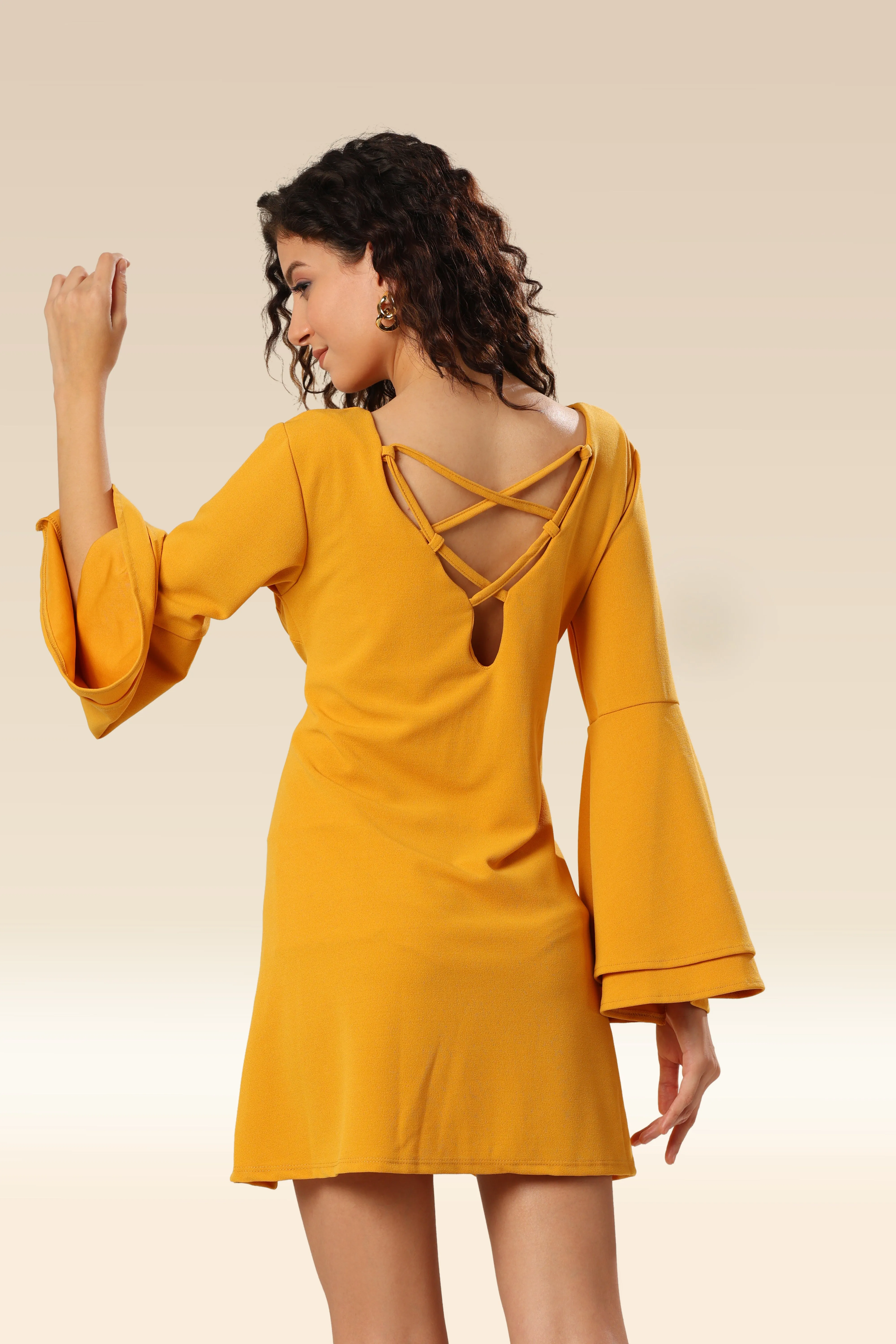 Sunflower Symphony Interlocking Straps & Bell Sleeve Dress