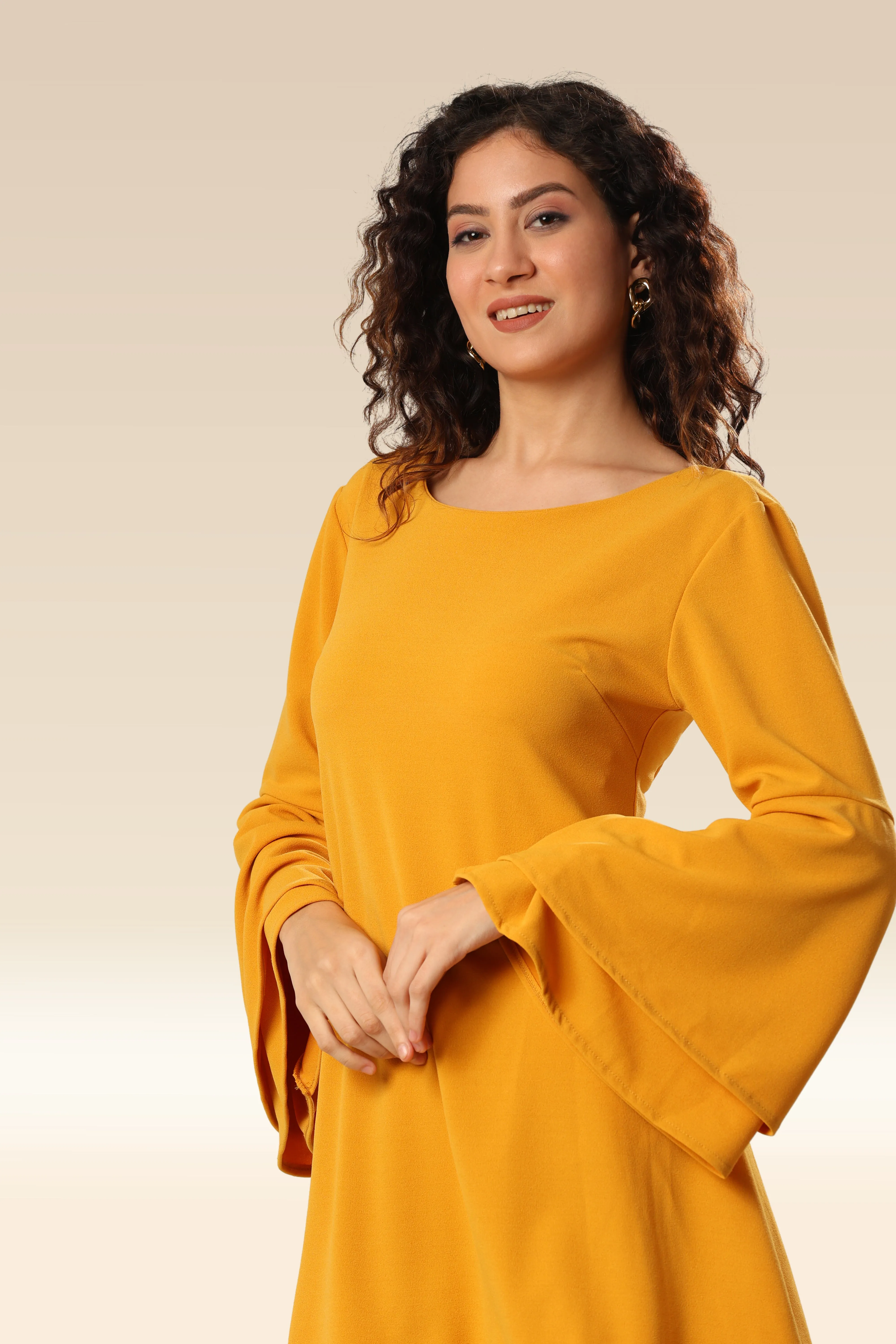 Sunflower Symphony Interlocking Straps & Bell Sleeve Dress