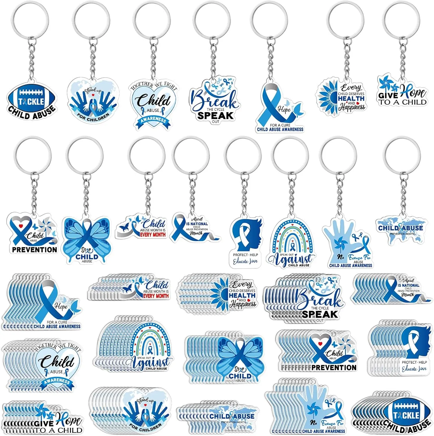Sureio 150 Pcs Child Abuse Prevention Awareness Keychain Gifts Bulk Blue Ribbon Pinwheel Charm Key Ring for Child Abuse Neglect Prevention Fundraising Advocacy Gift