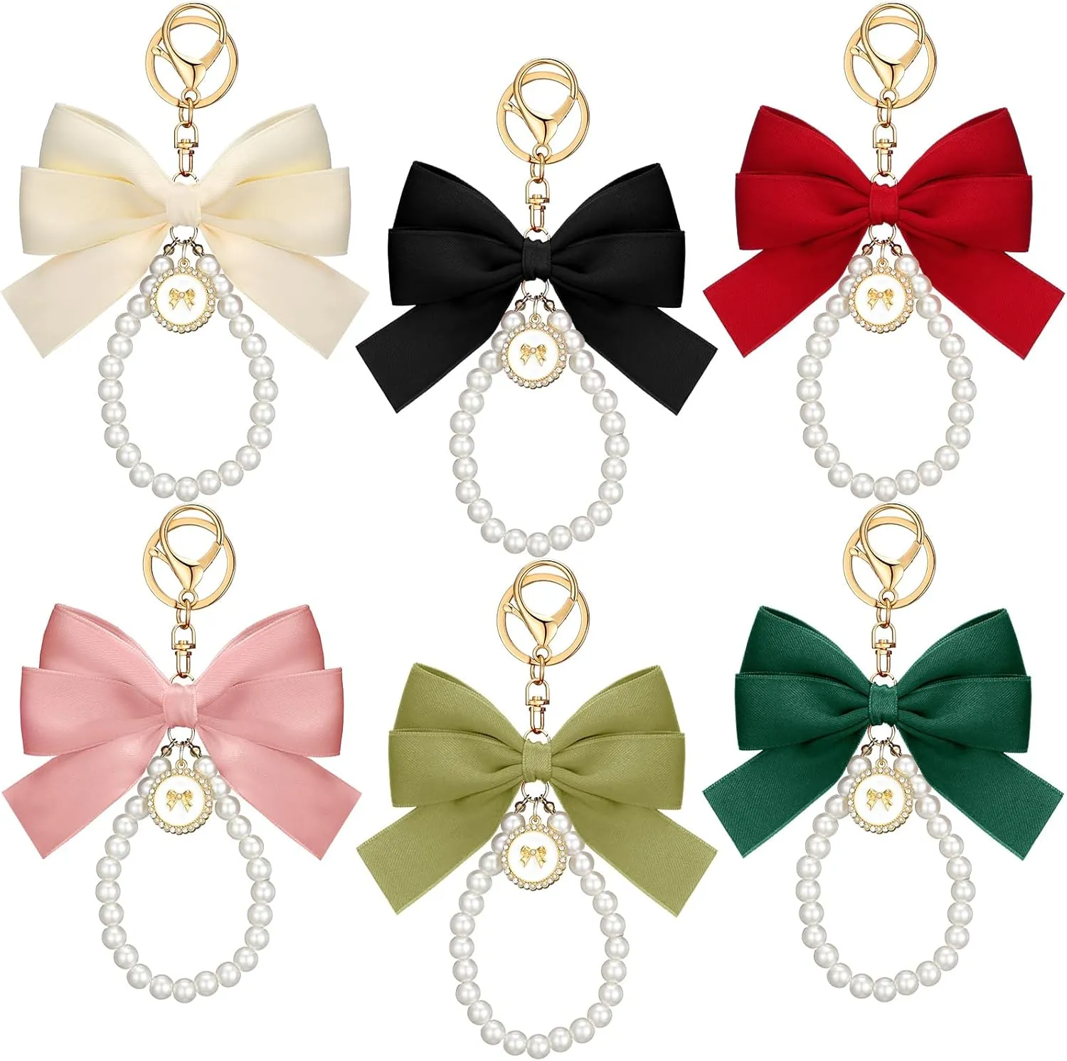 Sureio 6 Pcs Bow Keychain Wristlet for Women Cute Bow Pearl Keychain Lovely Beaded Keyring Pretty Pearl Bag Accessories for Purse Backpacks Handbags Home Keys