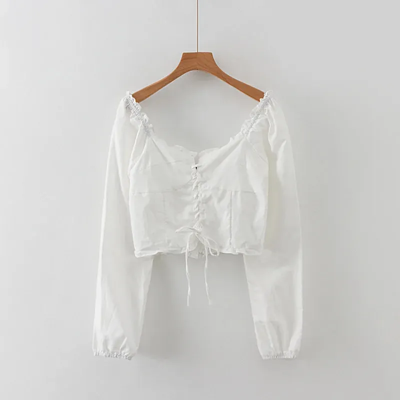 Sweet Wood Bandage Cross French Puff Slim Sexy Blouse