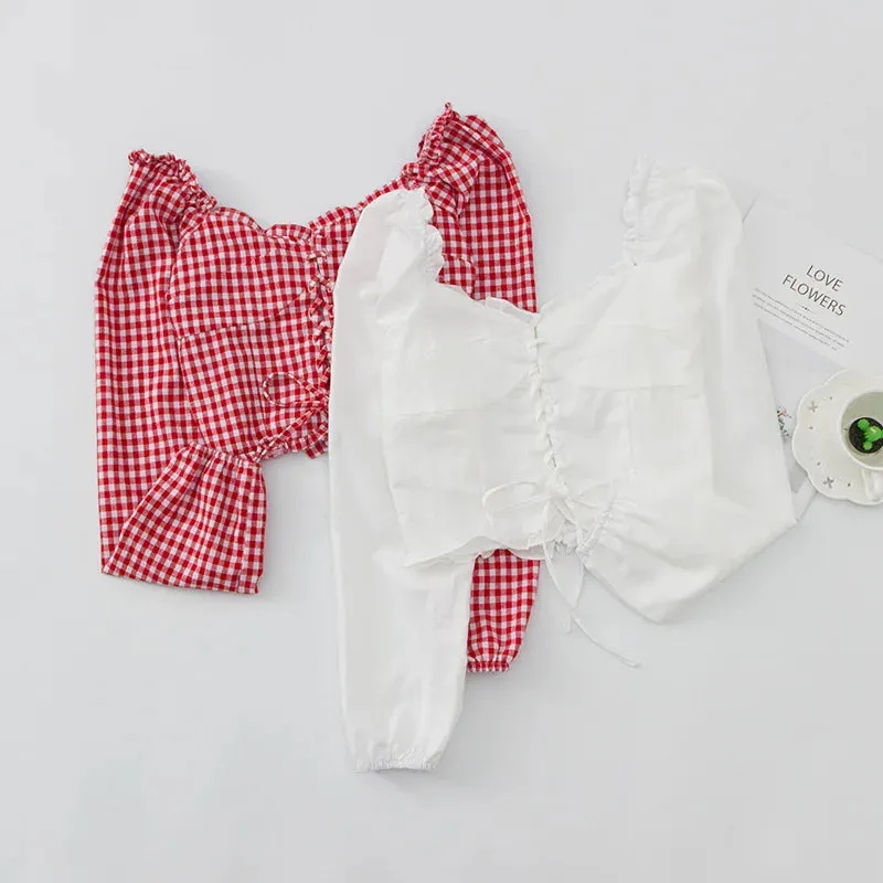 Sweet Wood Bandage Cross French Puff Slim Sexy Blouse