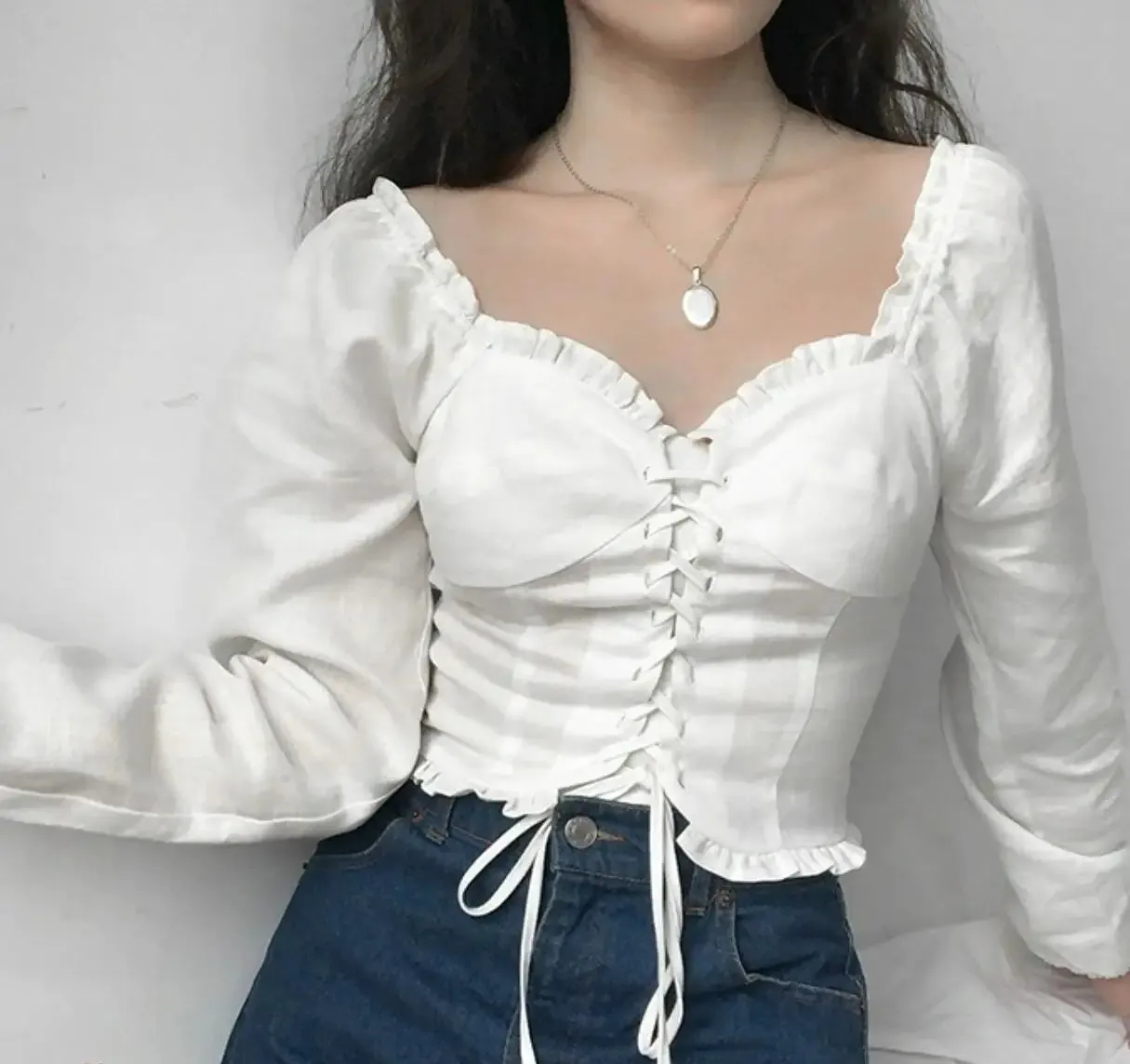 Sweet Wood Bandage Cross French Puff Slim Sexy Blouse