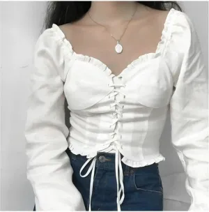Sweet Wood Bandage Cross French Puff Slim Sexy Blouse