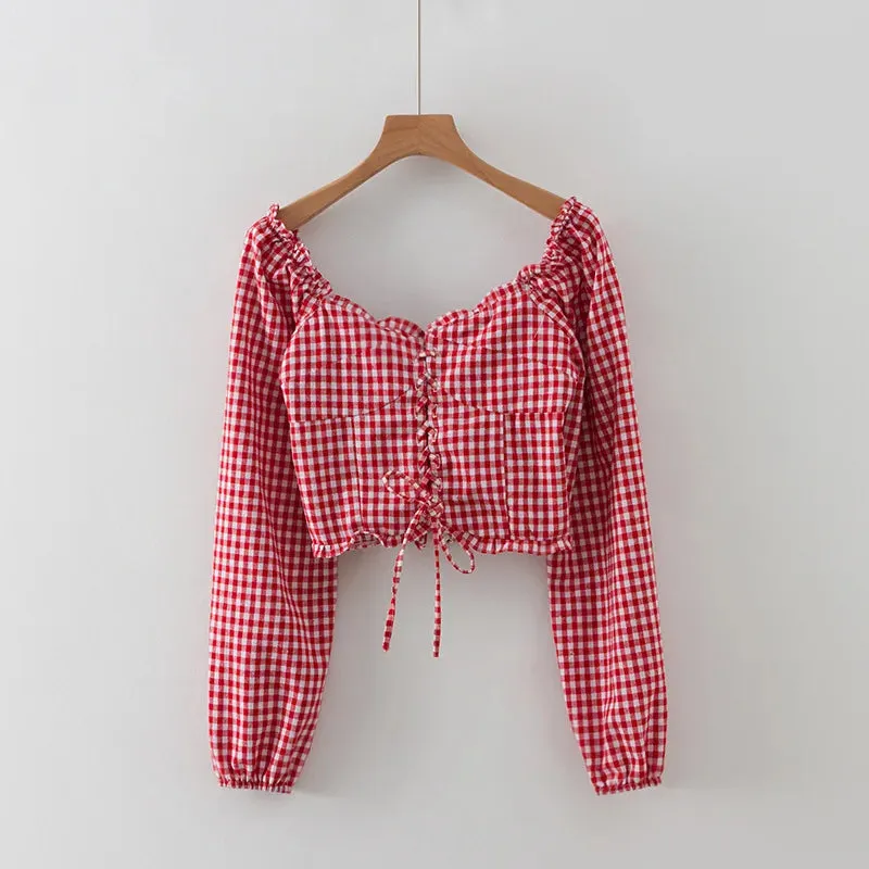 Sweet Wood Bandage Cross French Puff Slim Sexy Blouse