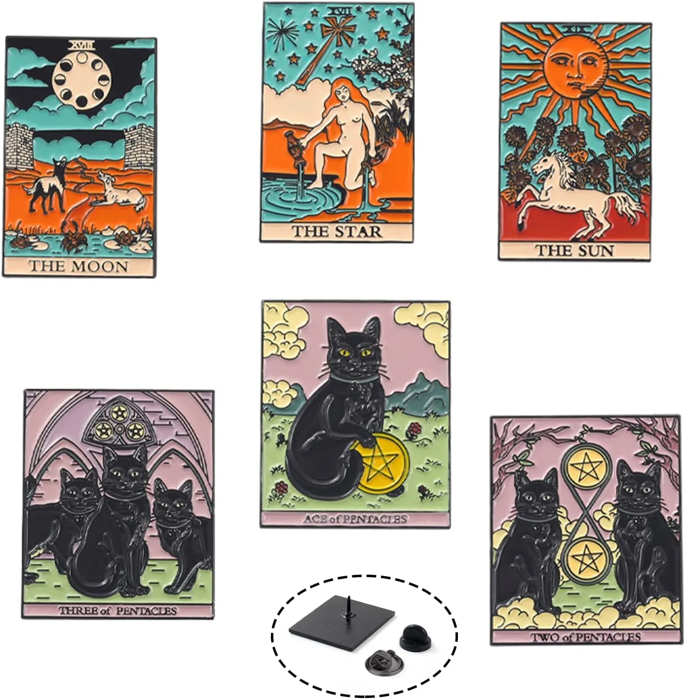 Tarot Card Pins Black Tarot Cards Enamel Pin Cat Pins for backpacks Halloween Creative Divination Lapel Pins Daily Life Decor Enamel Brooch Pins Set for Unisex Women's Clothing Decorate (6 Tarot Card)