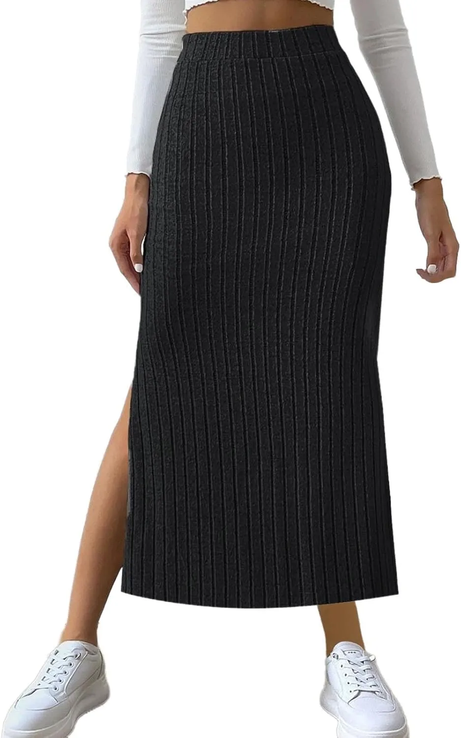 Texture Maxi Skorts for Women Ribbed Knitted Stretch Bodycon High Waist Pencil Skirts Casual Solid Side Split Skirt