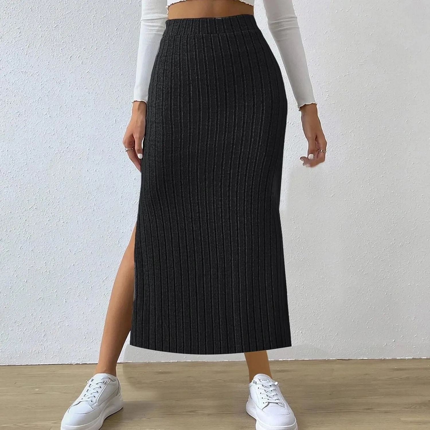 Texture Maxi Skorts for Women Ribbed Knitted Stretch Bodycon High Waist Pencil Skirts Casual Solid Side Split Skirt