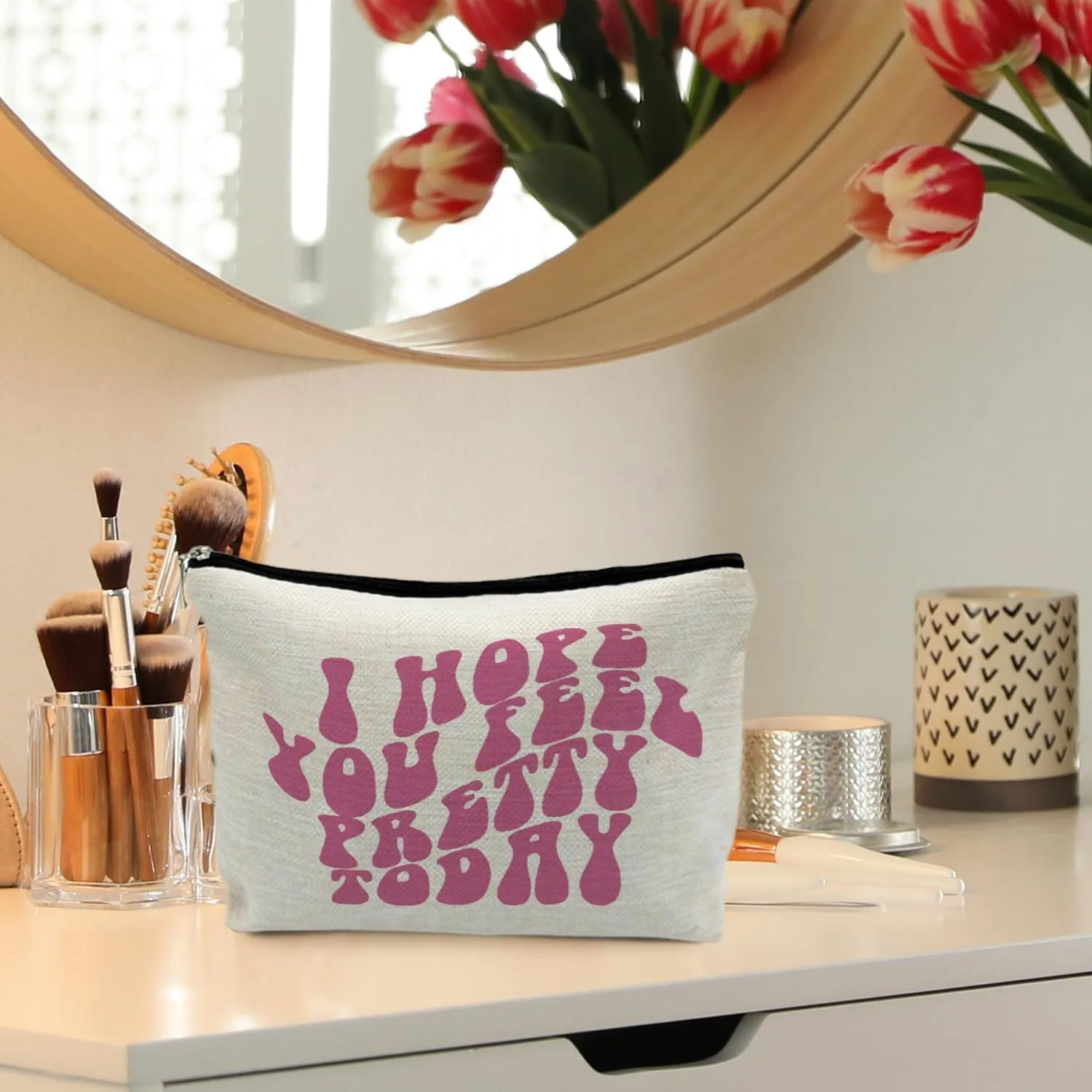 Trendy Pink Makeup Bag, Groovy I Hope You Feel Pretty Today Cosmetic Bag Toiletry Bag, Inspirational Gifts for Women Best Friends Bestie BFF, Preppy Makeup Bag, Preppy Gifts for Women