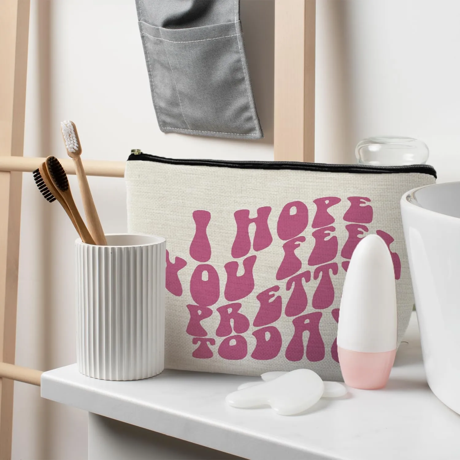 Trendy Pink Makeup Bag, Groovy I Hope You Feel Pretty Today Cosmetic Bag Toiletry Bag, Inspirational Gifts for Women Best Friends Bestie BFF, Preppy Makeup Bag, Preppy Gifts for Women